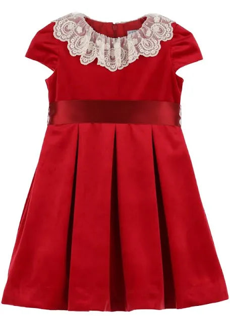 Luxe Velvet Holiday Red Dress w/ Lace Collar & Sash