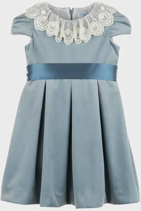 Luxe Velvet Wedgwood Blue Dress w/ Lace Collar & Sash