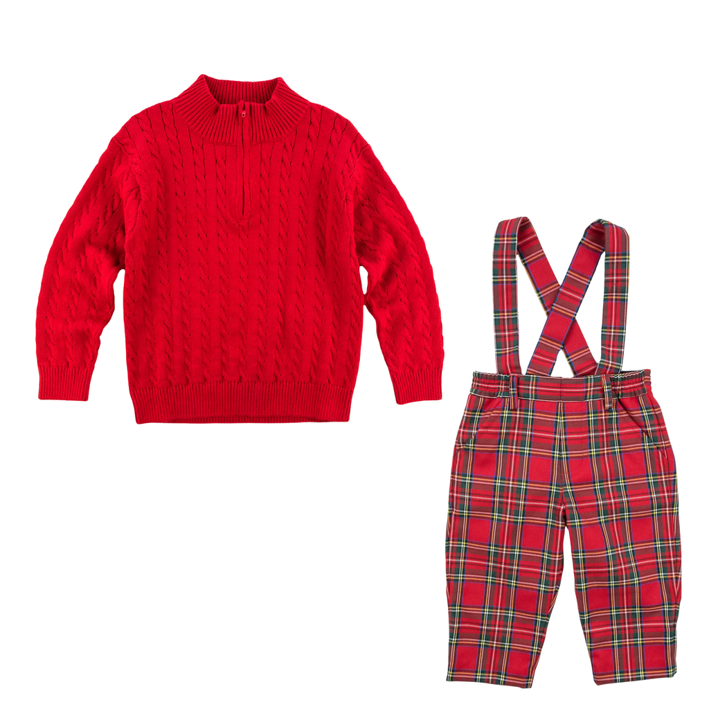 Tartan Plaid Suspender Pant & Red Cable Half Zip Sweater