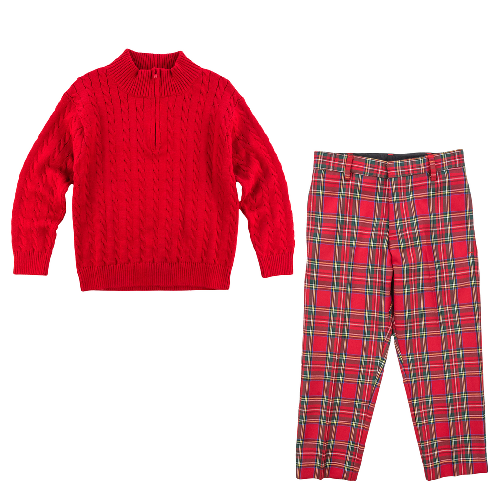 Tartan Plaid Pant & Red Cable Half Zip Sweater