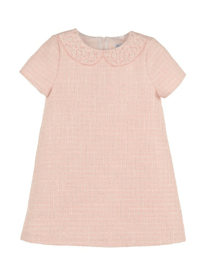 Pink Tweed Shift Dress w/ Bead Neckline