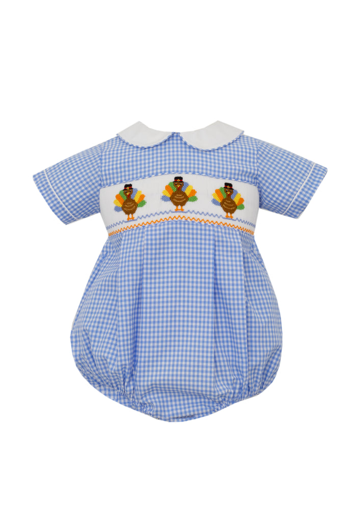 Hand Smocked Turkey Bubble on Blue Gingham