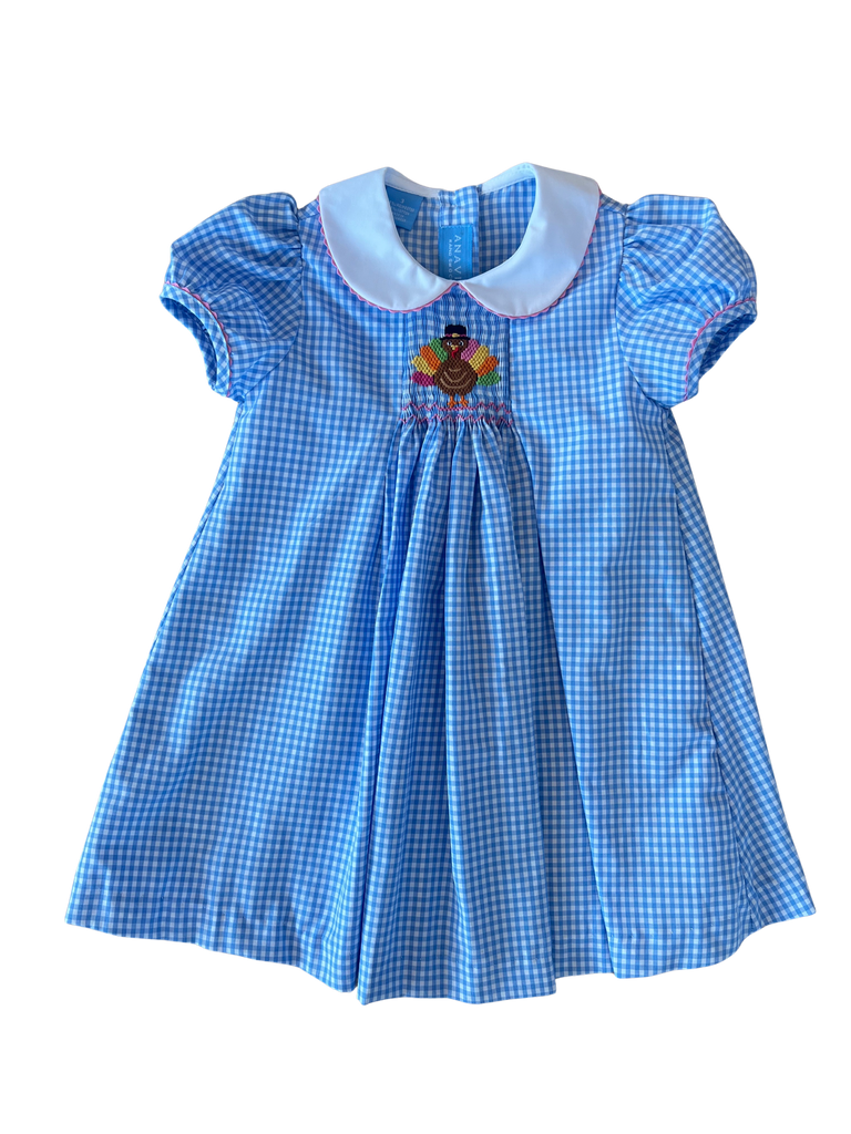 Hand Smocked Turkey Float Dress on Blue Check