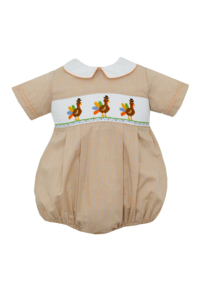 Hand Smocked Turkey Bubble on Khaki Gingham