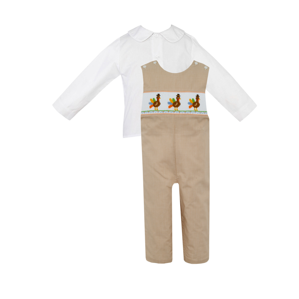 Hand Smocked Turkey Longall on Khaki Gingham w/ Peter Pan