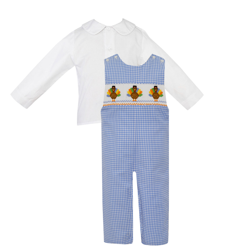 Hand Smocked Turkey Longall on Blue Gingham w/ Peter Pan