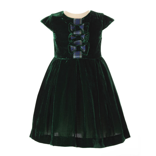 Jade Green Velvet Holiday Dress w/ Green/Royal Bows