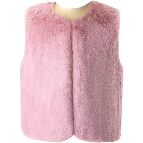 Faux Fur Vest w/ Floral Lining, Navy, Pink or Ivory