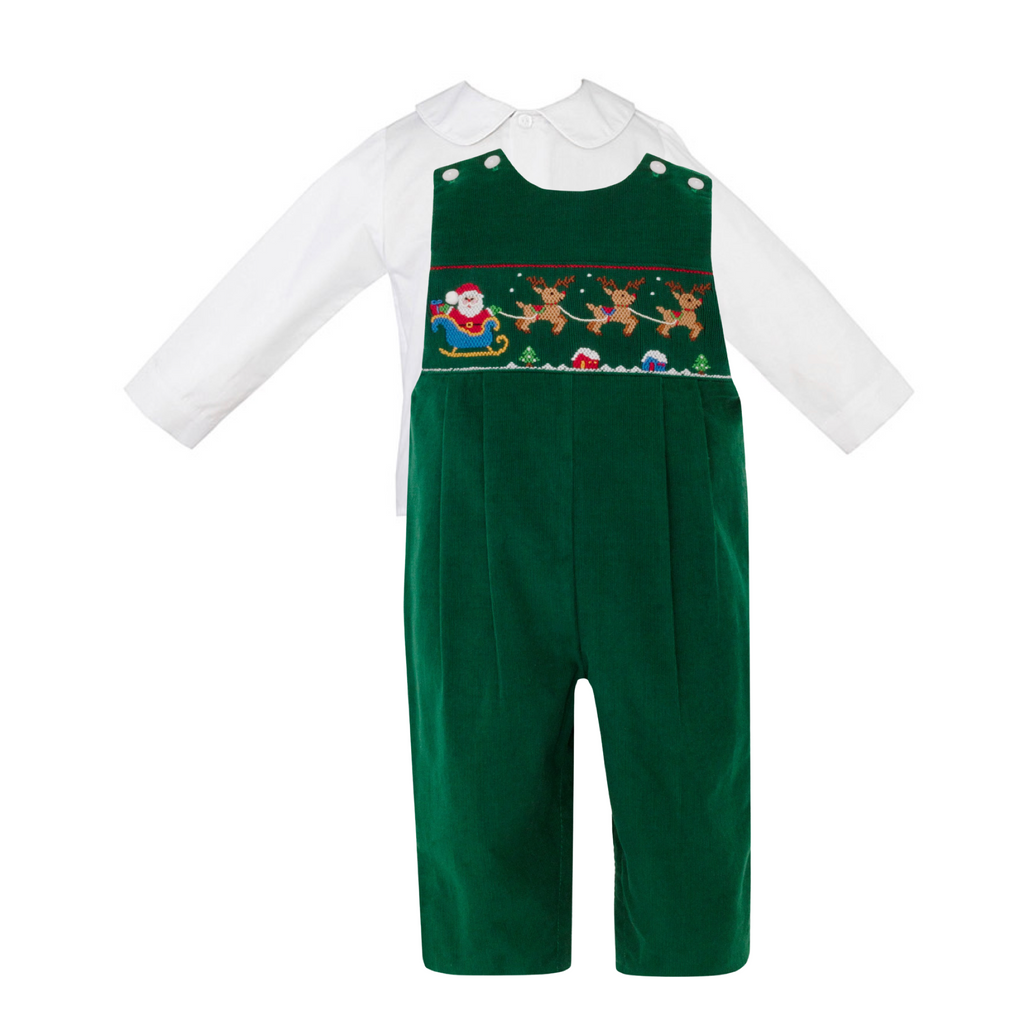 Hand Smocked Santa’s Sleigh on Green Cord w/ Peter Pan