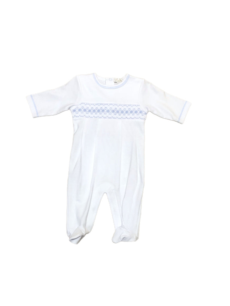 White Footie with Blue Smocking