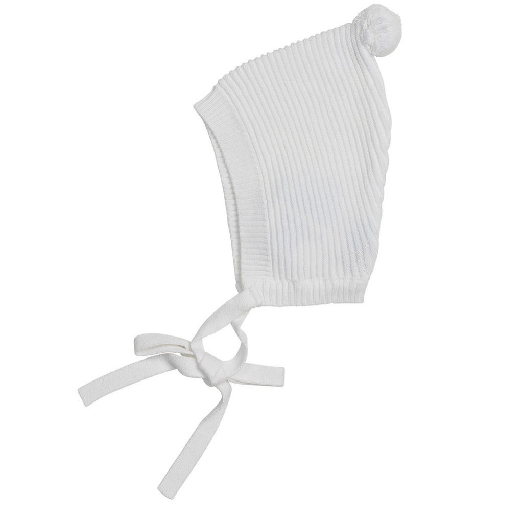 White Pompom Ribbed Knit Bonnet