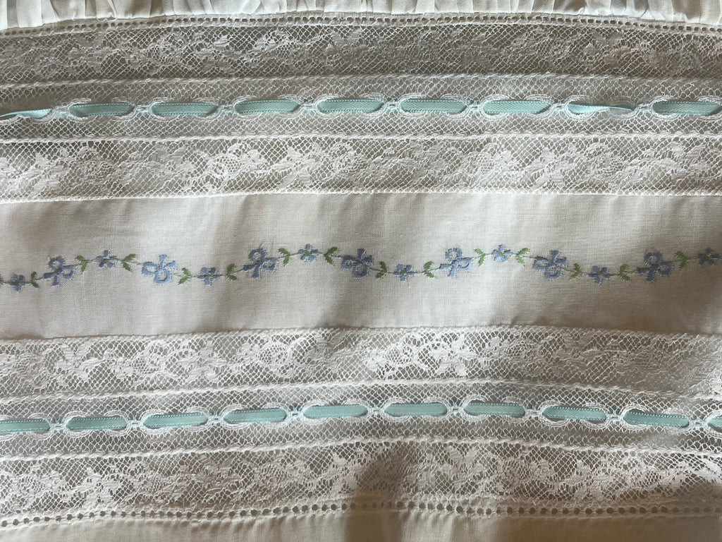 White Heirloom Dress with White Lace/Blue Floral Embroidery